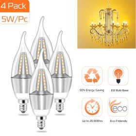 4pcs 5W E12 Candelabra Bulbs 600 LM 50W Equivalent Candle Flame Tip Light Bulb 3000K Warm White Non-Dimmable Lamp